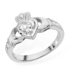 Sterling Silver Clear Diamond Claddagh Ring - April