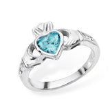 Sterling Silver Aqua Claddagh Ring - March