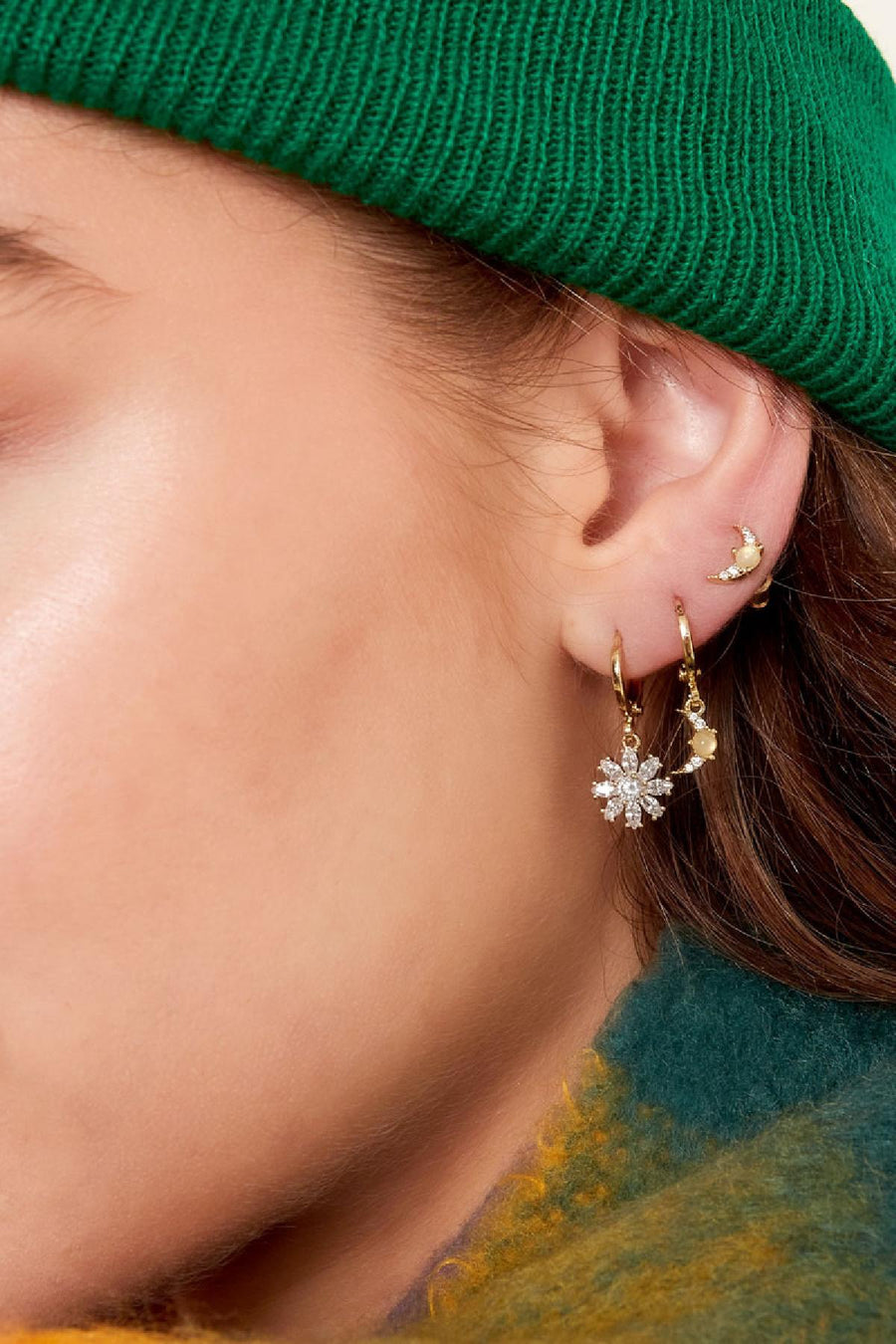 Mini Opal Half Moon Stud Earrings - Gold